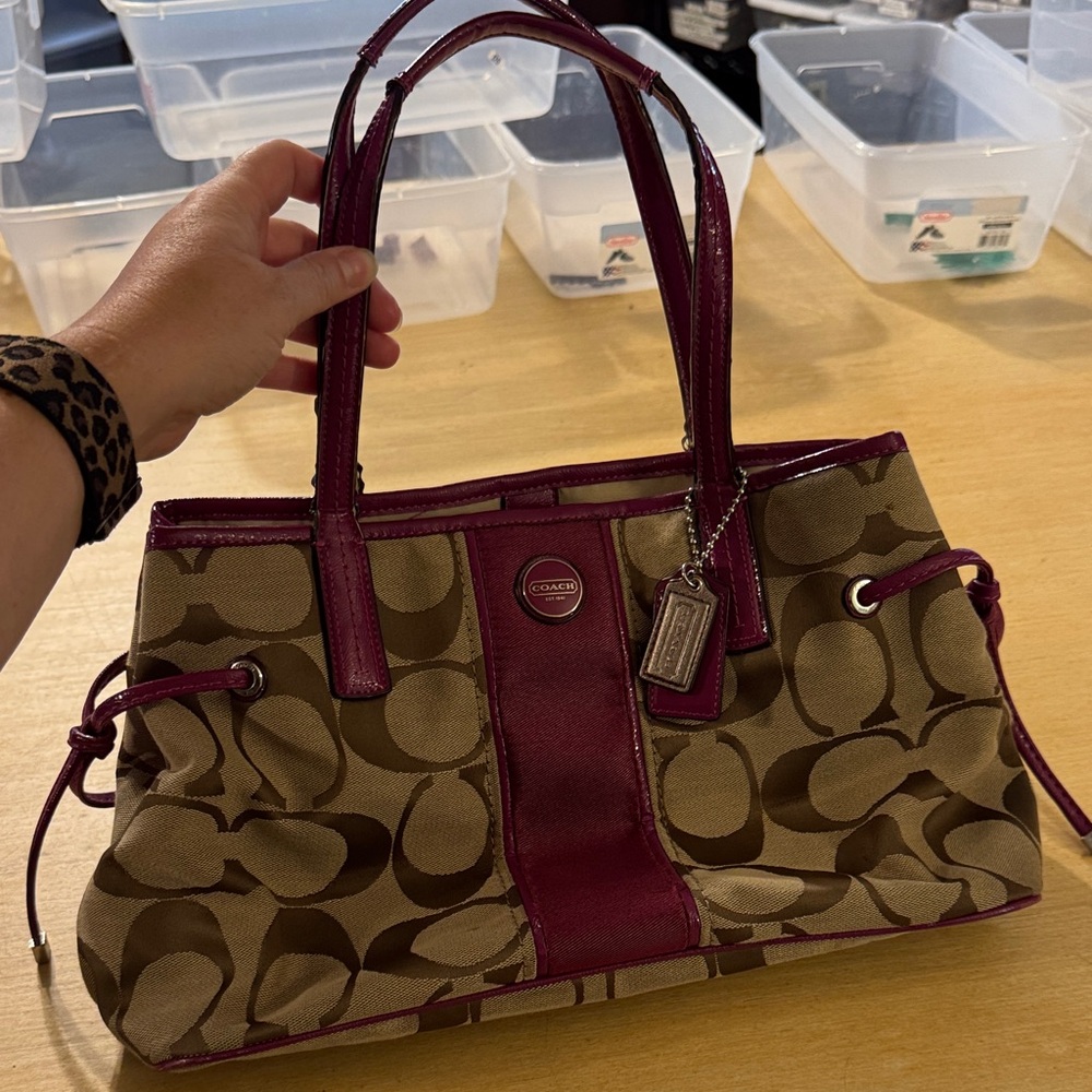 Coach Signature Stripe Mini Carryall Brown and Burgundy Bag